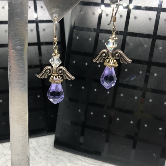 PURPLE glass crystal angel dangle drop earrings with sterling silver 925 hooks. - Picture 3 of 3